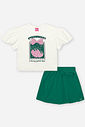 Conjunto Infantil com Blusa e Short-Saia em Moletinho Waffle – Look Menina Verão com Morango NATURAL/VD MOMENTO