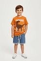 Conjunto Camiseta E Bermuda Dino Laranja E Azul Jeans Médio Abrange