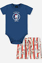 Conjunto Bebê Menino Urso Surfista Body e Bermuda Listrada Denim