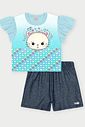 Conjunto Infantil Menina com Babados Sparkle Cat Azul Abrange