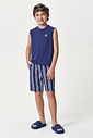 Conjunto Menino em Malha UV Regata e Bermuda Listrada Marinho