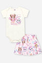 Conjunto Infantil Cheerleaders de Body em Cotton com Shorts Estampado e Strass NATURAL/RS IOGURTE