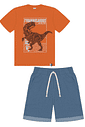 Conjunto Camiseta E Bermuda Dino Laranja E Azul Jeans Médio Abrange