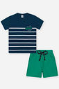 Conjunto Infantil Esportivo Clássico com Camiseta Listrada e Bermuda em Moletom Piquet AZ MARINHO/VD VIVID
