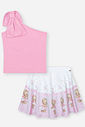Conjunto Infantil com Blusa de Um Ombro Só e Saia Shorts em Cetim Glow – Look Menina Verão com Stras ROSA IOGURTE
