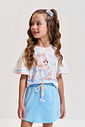 Conjunto Infantil com Blusa 100% Algodão e Shorts Saia em Moletinho – Look Menina Verão com Strass NATURAL/AZ PORCELANA