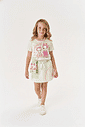 Conjunto Infantil Menina Blusa Gatinha; Short-Saia E Bolsa Strawberry Off White E Verde Cinti