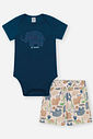 Conjunto Infantil Casual com Body de Animais da Savana e Bermuda em Moletom Linho AZ MARINHO/OFF WHITE