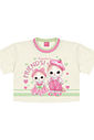 Conjunto Infantil Menina Blusa Gatinha; Short-Saia E Bolsa Strawberry Off White E Verde Cinti