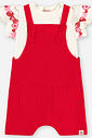 Conjunto Bebê Blusa Morangos e Jardineira Waffle Vermelho