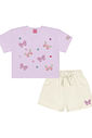 Conjunto Infantil Menina Blusa Boxy E Short  Borboletas E Pompom Lilás E Off White Cinti
