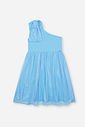 Vestido Infantil em Cotton com Tule Foil – Vestido Menina Verão de Um Ombro Só AZUL PORCELANA