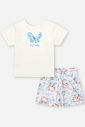 Conjunto Infantil com Blusa em Cotton Bordada e Shorts Estampado – Look Menina Verão com Ursinhas NATURAL/AZ PORCELANA