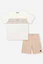 Conjunto Infantil Menino Camiseta Tropical e Bermuda Atoalhada Bege