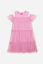 Vestido Infantil em Ribana com Tule Drops – Vestido Menina Verão com Sobreposição Delicada ROSA IOGURTE