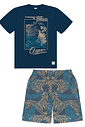 Conjunto Camiseta E Bermuda Total Print Azul Marinho E Azul Abrange