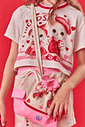 Conjunto Infantil Menina Blusa Gatinha; Short-Saia E Bolsa Strawberry Off White E Rosa Cinti