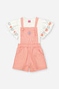 Conjunto Infantil Neon Love com Blusa 100% Algodão e Jardineira em Moletom P.A – Look Menina Verão c NATURAL/LARANJA NEON