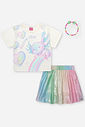 Conjunto Infantil com Blusa Boxy Estampa Sara Salamandra e Saia Shorts em Malha Foil – Look Menina V NATURAL/RS IOGURTE