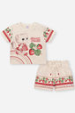 Conjunto Bebê Menina Berry Sweet em Moletom Linho – Blusa e Shorts Infantil com Estampa de Gatinha e OFF WHITE