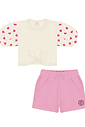 Conjunto Blusa Cropped Manga Bufante E Short Natural E Rosa Abrange Conjunto Blusa Cropped Manga Bufante E Short Natural E Rosa Abrange
