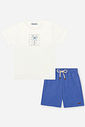 Conjunto Infantil Menino Camiseta Palma Bordada e Bermuda Azul