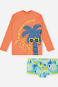 Conjunto Menino em Malha UV Camiseta e Sunga Palmas Laranja Neon