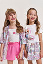 Conjunto Infantil com Top e Shorts em Moletinho com Kimono em Tule – Look Menina Verão de Cachorrinh NATURAL/RS CONFETE