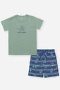Conjunto Infantil Divertto Casual com Camiseta em Malha Flamê e Bermuda Estampada em Nylon VD OLIVE/AZ DENIM