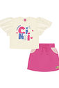 Conjunto Infantil Menina Blusa Cropped E Short-Saia Natural E Rosa Cinti