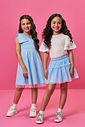 Vestido Infantil em Cotton com Tule Foil – Vestido Menina Verão de Um Ombro Só AZUL PORCELANA