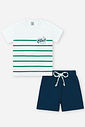 Conjunto Infantil Esportivo Clássico com Camiseta Listrada e Bermuda em Moletom Piquet BRANCO/AZ MARINHO