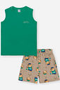 Conjunto Infantil Casual Divertido com Regata em Meia Malha e Bermuda Estampada em Moletom Linho VD VIVID/BG CAFE LATTE