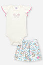 Conjunto Bebê Menina Body com Short-Saia Ursinhas Delicadas – Look Confortável Cinti Baby NATURAL/AZ PORCELANA