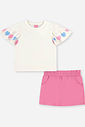 Conjunto Infantil Blusa Corações Coloridos com Strass e Short-Saia