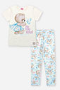 Conjunto Infantil com Blusa 100% Algodão e Legging em Suplex – Look Menina Verão com Ursinha e Stras NATURAL/AZ PORCELANA