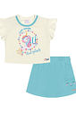 Conjunto Bebê Menina Unicórinio Blusa E Short-Saia Natural E Azul Cinti