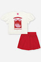 Conjunto Infantil com Blusa e Short-Saia em Moletinho Waffle – Look Menina Verão com Morango NATURAL/VM MARTE