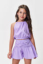 Conjunto Infantil Regata Cropped e Short Lilás com Laço e Strass