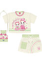 Conjunto Infantil Menina Blusa Gatinha; Short-Saia E Bolsa Strawberry Off White E Verde Cinti