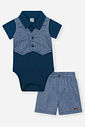 Conjunto Infantil Divertto Esporte Fino com Body Polo Colete e Bermuda em Moletinho Listrado AZ MARINHO/AZ DENIM