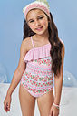 Maiô Infantil em Malha UV com Estampa de Ursinhas e Cerejas – Moda Praia Menina Verão de Um Ombro Só ROSA IOGURTE