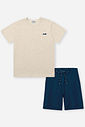 Conjunto Infantil Camiseta Malha Eco Azul e Bermuda de Linho Bege
