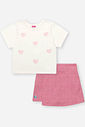 Conjunto Infantil Neon Love com Blusa Boxy e Shorts Saia em Malha Mescla Eco – Look Menina Verão com NATURAL/ROSA NEON