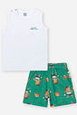 Conjunto Infantil Casual Divertido com Regata em Meia Malha e Bermuda Estampada em Moletom Linho BRANCO/VD VIVID