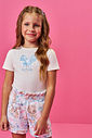 Conjunto Infantil com Blusa em Cotton Bordada e Shorts Estampado – Look Menina Verão com Ursinhas NATURAL/AZ PORCELANA