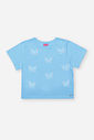 Blusa Infantil Boxy com Borboletas e Strass – Camiseta Menina em Meia Malha Verão AZUL PORCELANA