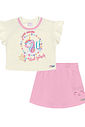 Conjunto Bebê Menina Unicórinio Blusa E Short-Saia Natural E Rosa Cinti