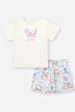 Conjunto Infantil com Blusa em Cotton Bordada e Shorts Estampado – Look Menina Verão com Ursinhas NATURAL/RS IOGURTE