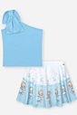 Conjunto Infantil com Blusa de Um Ombro Só e Saia Shorts em Cetim Glow – Look Menina Verão com Stras AZUL PORCELANA